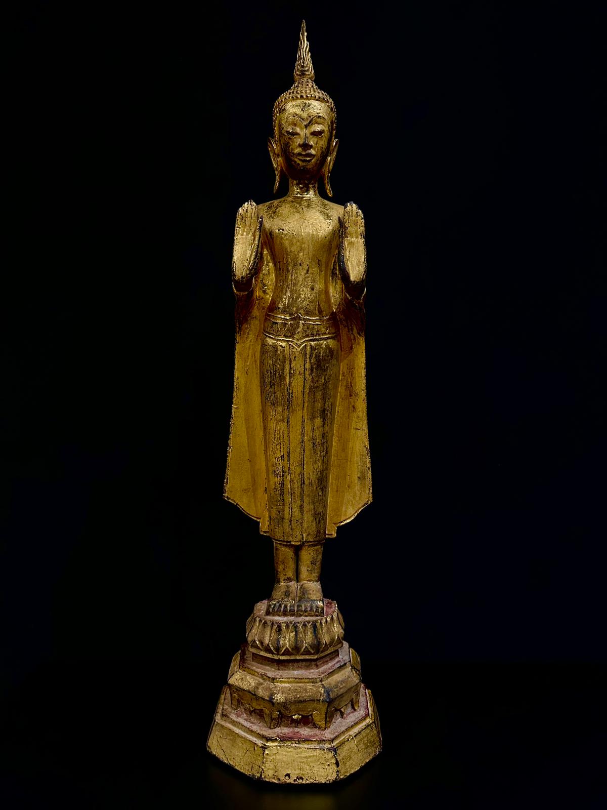 Wooden lacquered gilt standing Buddha with 2 hand in fearlessness mudra- Protecting Buddha-7340